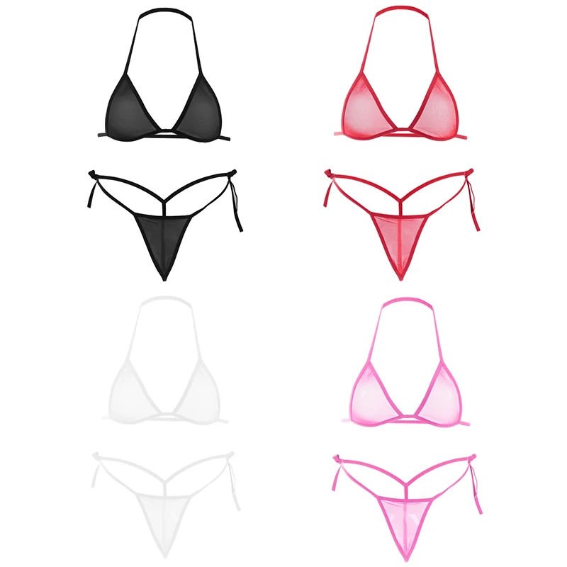 Women Sexy Sheer Lingerie Set Wirefree Ultra-Thin Mesh Halter Neck Tie‑Up Bra Side Tie Thong Panties Set Intimate Underwear Suit