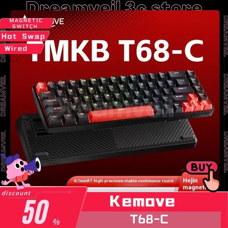 Kemove T68-C Wired Magnetic Switch Mechanical Keyboard Tmkb Low Latency Rgb Rt Rejustable Hot Swap Gaming Keyboard Office Custom