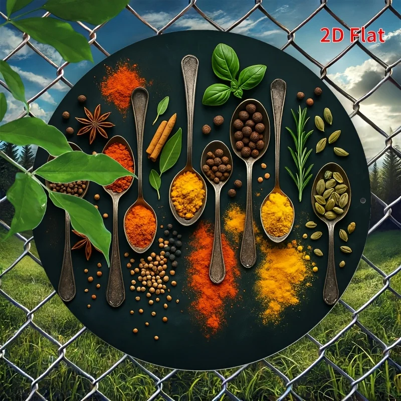 2D Flat - Flat 2D Prints Featuring a Collection of Metal Plates Depicting Plants And Spices, Ideal for Decorating Your Home, Off