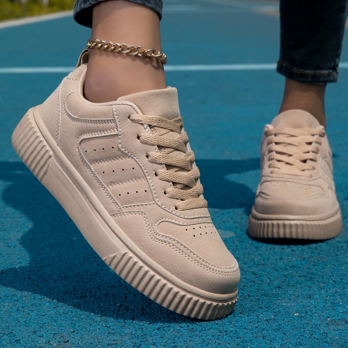 Men's and women's alike] fashion retro solid color casual sports shoes vertical bottom casual sports shoes, round head lace-up d