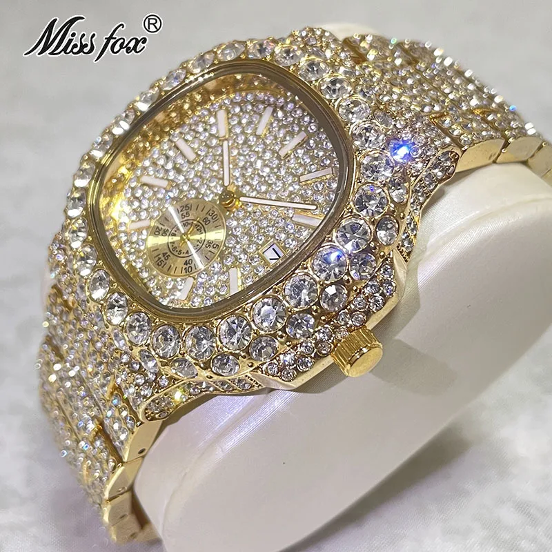 MISSFOX-Reloj de lujo para hombre, cronógrafo con diamantes, oro de 18K, automático, con fecha, resistente al agua