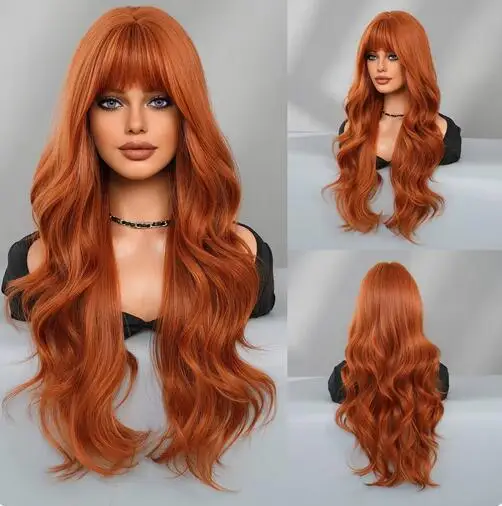 

Long Wavy Orange Wig for Women Daily Use Fashion Synthetic Light Orange Wavy Hair Wigs with Bangs High Density 28Inch