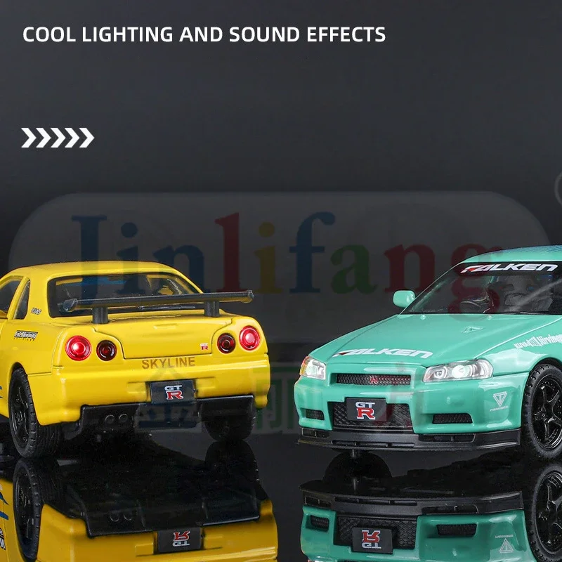 New 1:32 Nissan Skyline GTR R34 Alloy Sports Car Sound Light Pull Back High Simulation Miniature Diecast Car Childrens Toy Gift