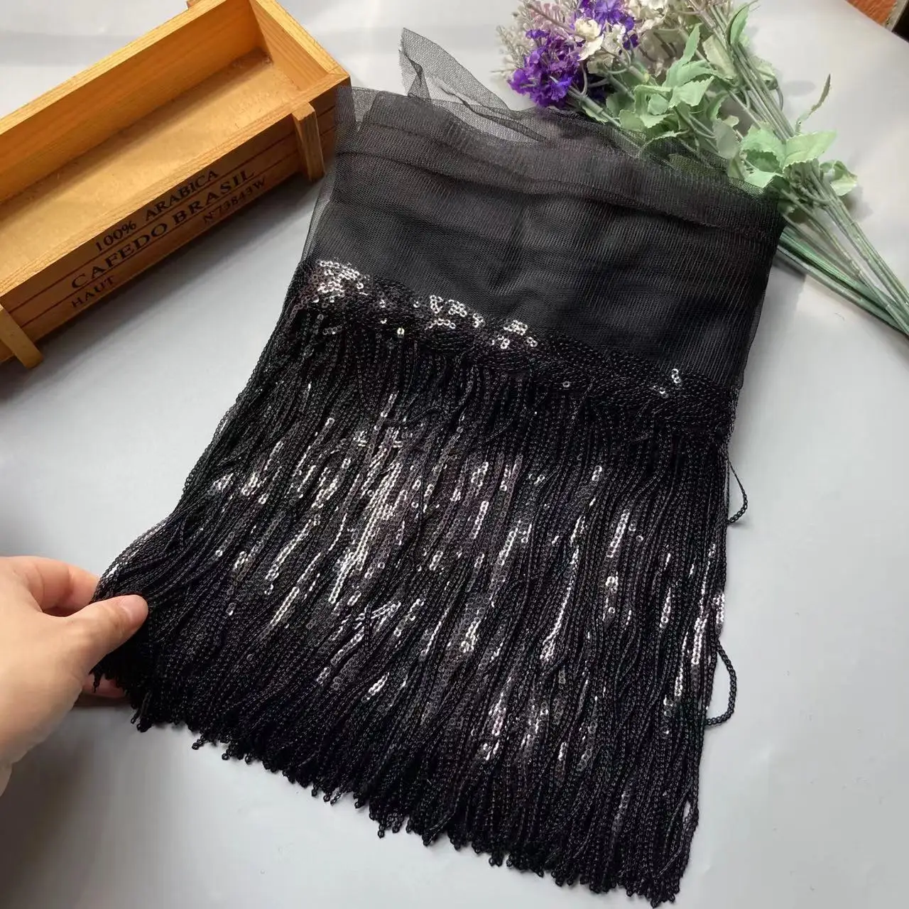 

2 Yards Black 20cm Sequins Tassel Lace Fabric Fringe Trim Ribbon DIY Dance Performance Dresses Decoration Accessories