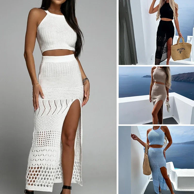 New Style Knitting Solid Color Tank Top Texture Slit Dress Ladies Beach Sunscreen Dress Suit Hollow Out Beachwear Cover Up