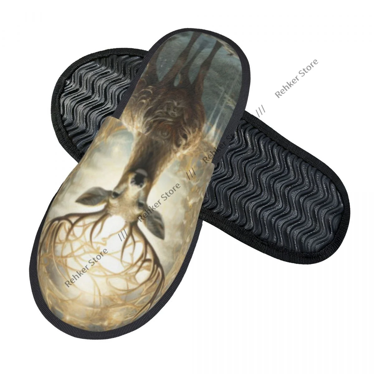 Winter Warm Women Men Plush Flat Indoor Slippers Deer In The Forest With Moon Furry Home Non-slip Shoes