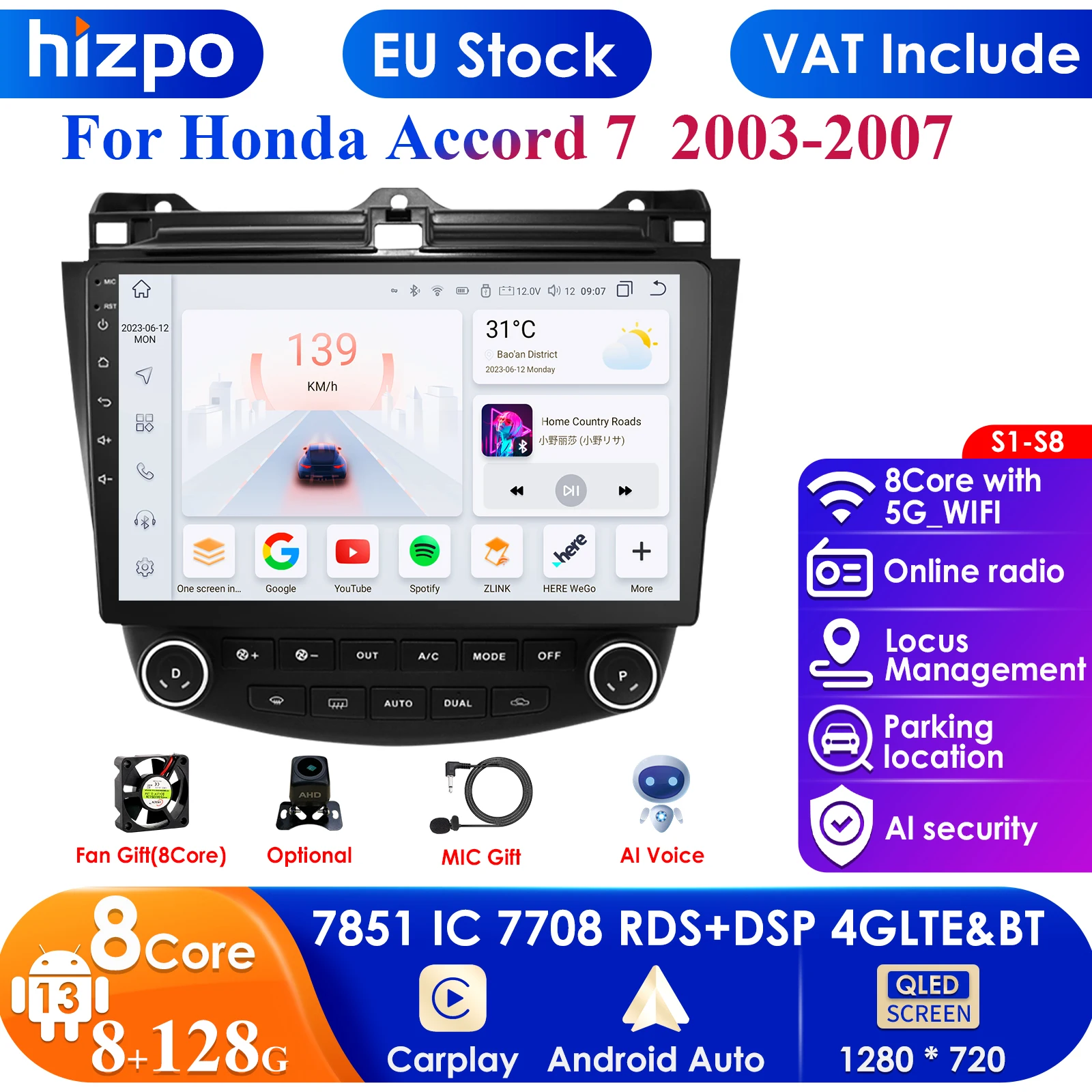 10.1inch 2 Din Android 13 8G RAM 128G ROM Car Radio Multimedia Player for Honda ACCORD 7 2003-2007 GPS Navigation 2din DSP Audio