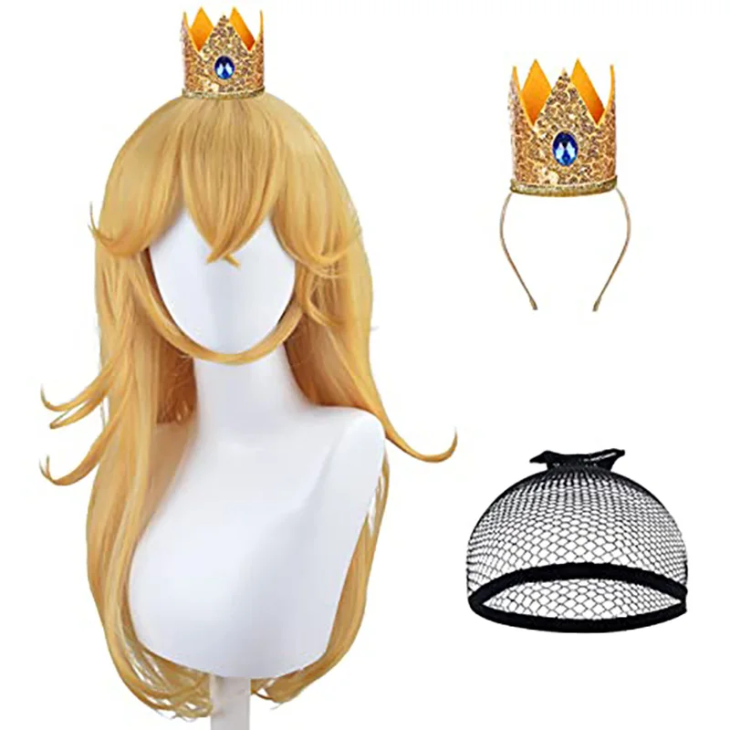 Peach Wig Game Cosplay Princess Wig Peach Crown Cosplay Long Wavy Halloween Peach Cosplay Wig Costume Party Wigs