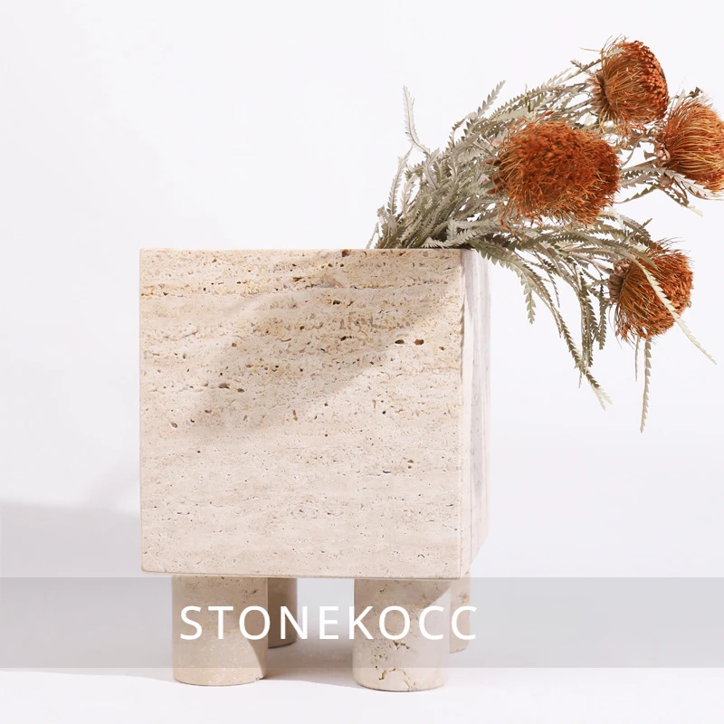 

Light Luxury Natural Marble Yellow Cave Stone Square Flower Set Sample Room Decoration Hotel Villa Living Room Vase