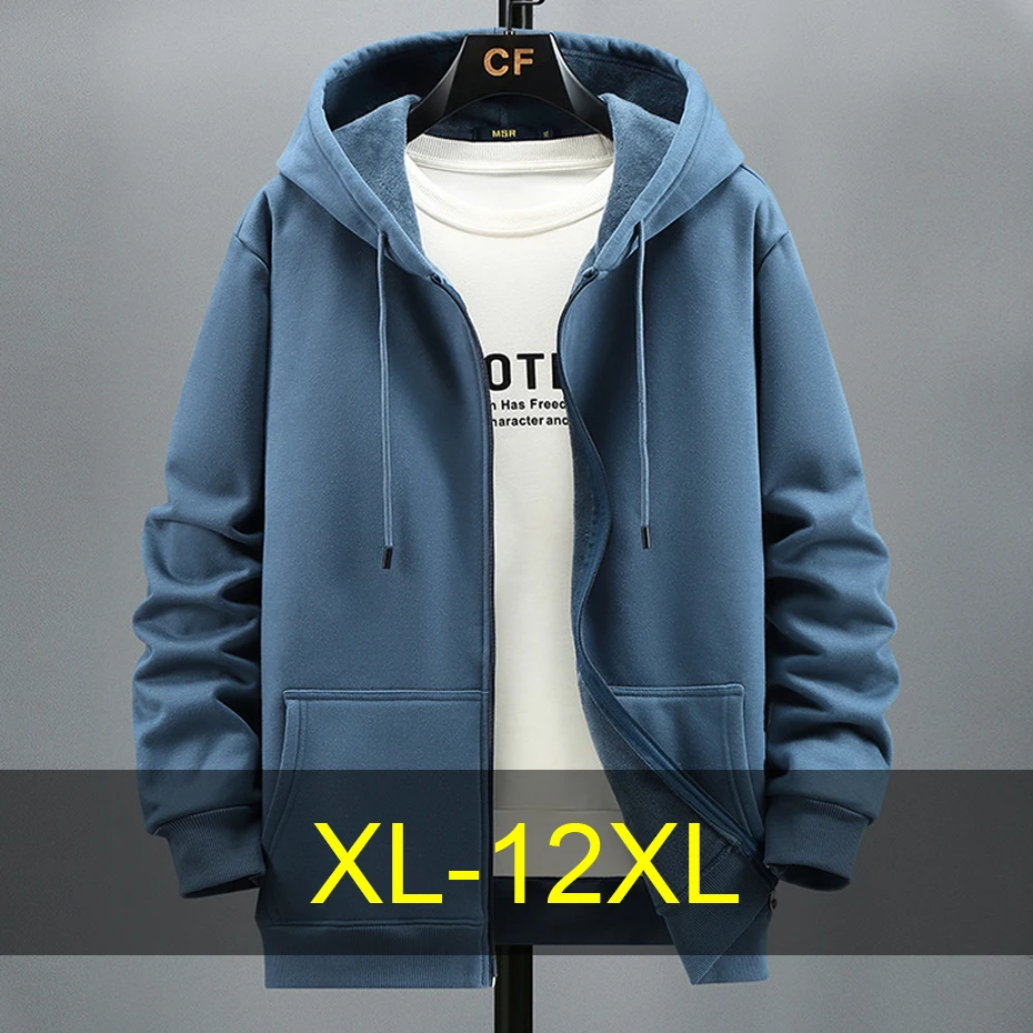 Fleece Hoodies Men 10XL 12XL Plus Size Solid Color Zippered Hoodie Jacket Big Size 12XL Fashion Casual Hoodies Blue Black Grey