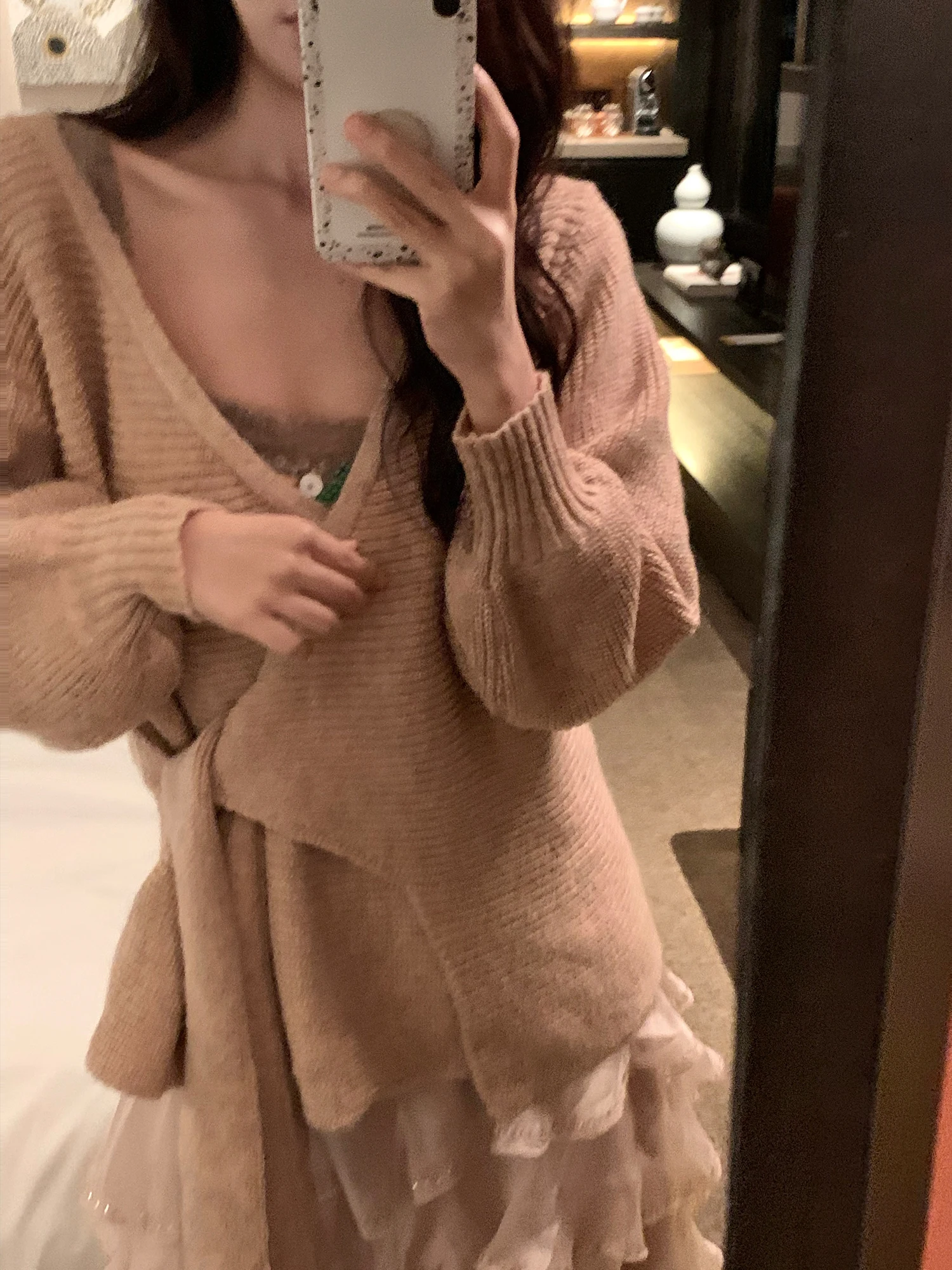 

Amor Wool Blend Nude Pink Lazy Sle V-Ne Knitted Open Cardigan Jaet Women's Faion ort Outerwear Winter Season