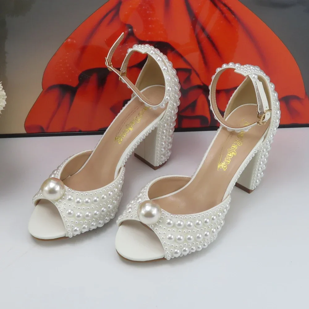 New Peep Toe White Pearl Women Wedding Shoes Bride Handbag Set Open Toe Summer Sandal and Bag Party Dress Shoes Pumps Thick Heel