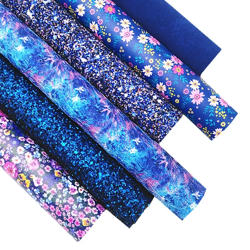 Blue Glitter Leather Sheets Flowers Printed Faux Leather Suede Synthetic Leather Lace Glitter for Bow DIY Craft 8.2