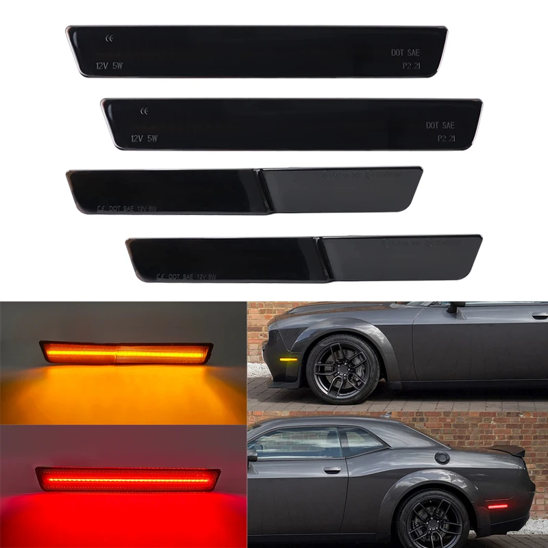 

4Pcs Error Free Smoked Lens Front Rear LED Side Fender Reflector Lamp Side Marker Light For Dodge Challenger SRT R/T Scat pack