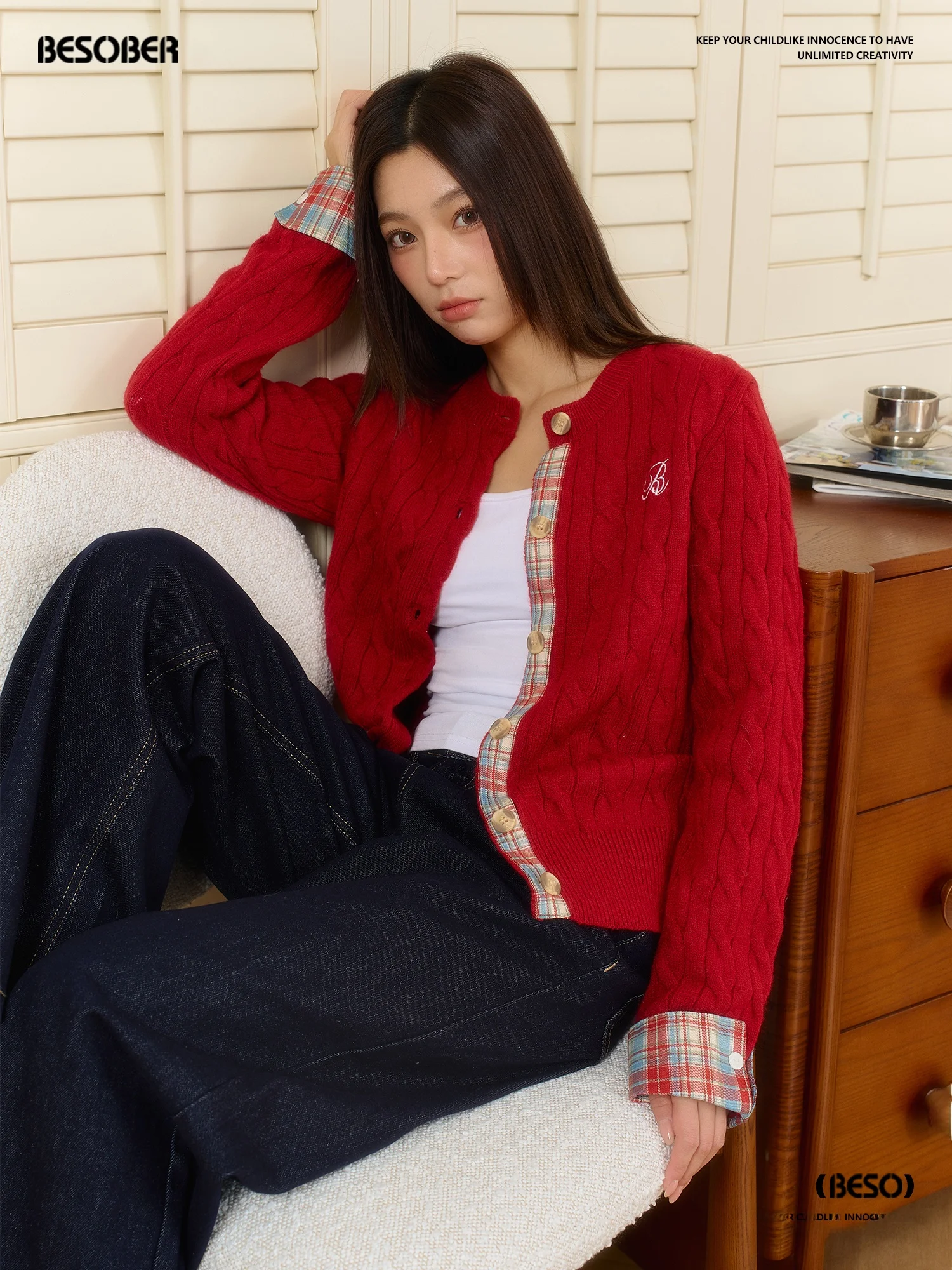 

BESOBER Original Plaid Splicing Knitted Cardigan Women's Spring Korean Sle Vintage Red Sweater Jaet Casual Fit Long Sve