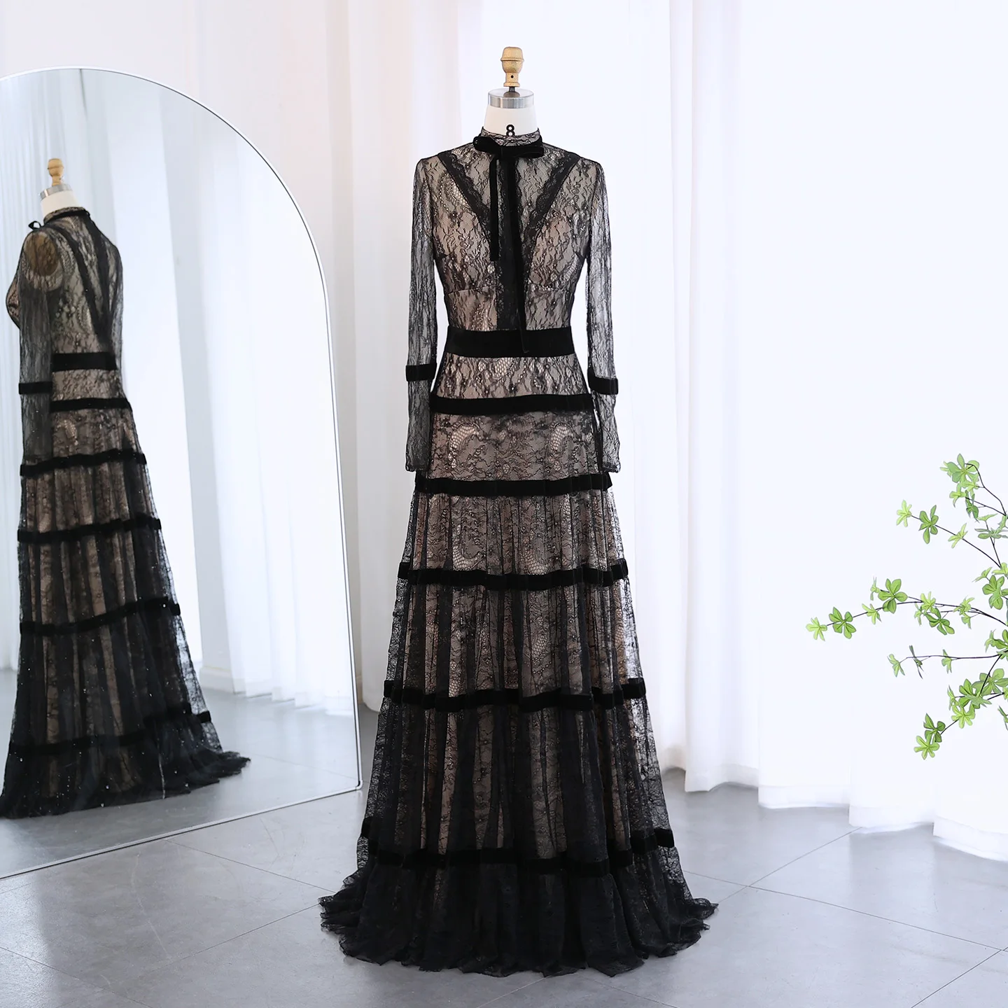 

Sharon Said Off Shoulder Black Lace Tiered Dubai فساتين سهرة with Vintage Long Sleeve Women Wedding Party Gowns SF023 Customized