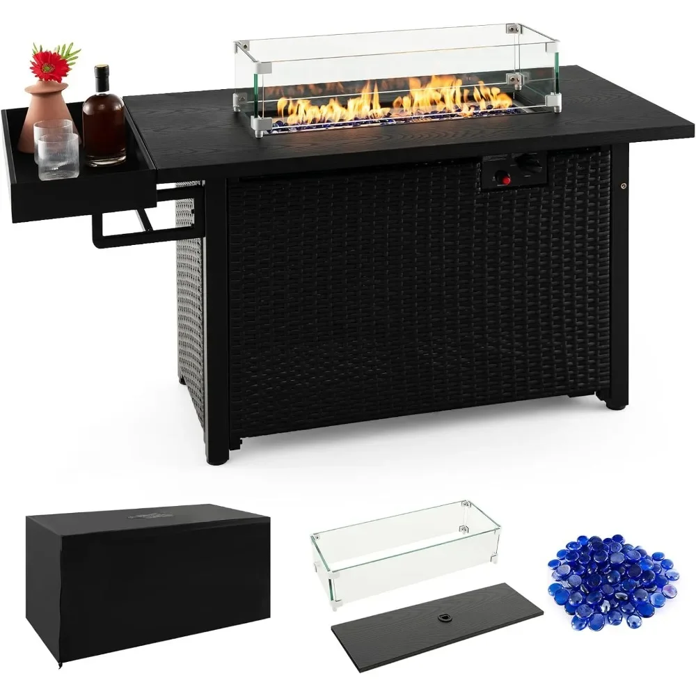 52 Inch Propane Fire Pit Table with Wind Guard & Extended Shelf 50,000 BTU Heat Output with Waterproof Cover，Wicker Gas Fire Pit