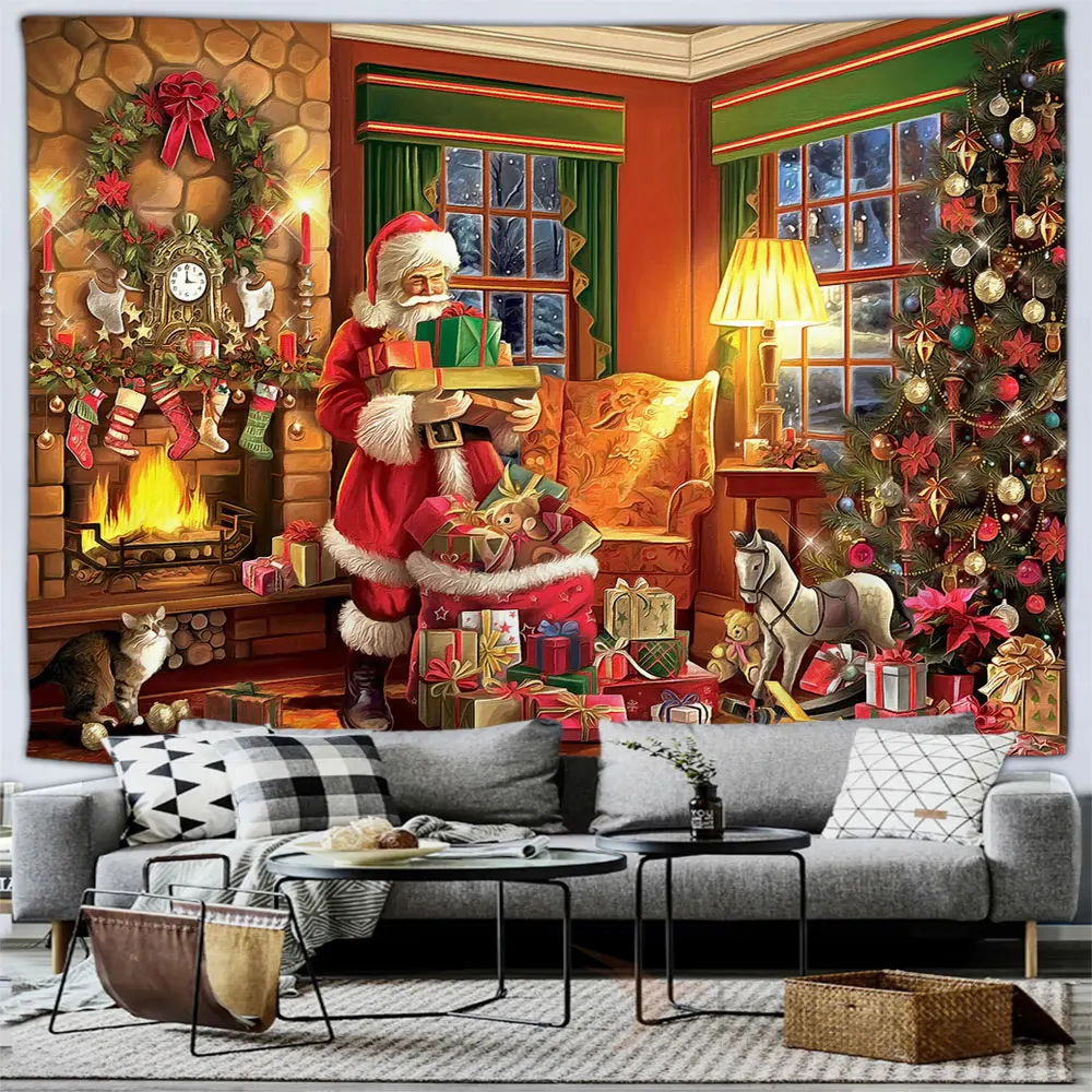 

Christmas Themed Tapestry Santa's Gifts Vintage Farmhouse Rustic Home Garden Wall Hanging Decorative Arts Living Room Mural
