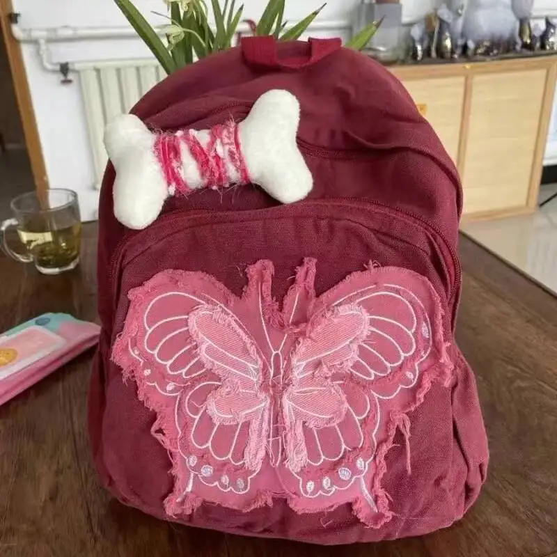 Patchwork Vintage Butterfly Bone Backpacks Casual Y2k Aesthetic Ins Women Preppy Bags Fashion Chic Students All Match Schoolbags