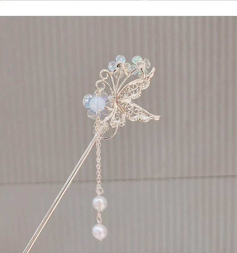 Schmetterlings-Temperament, alter Stil, schwankende Haarnadel, Quaste, Haarschmuck – Detail 10