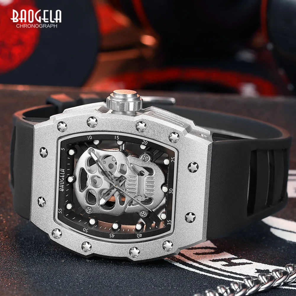 BAOGELA Silver Black Watch Men Military Sport Quartz Wristwatch with Tonneau Skeleton Dial Luminous Hands Silicone Strap 4141