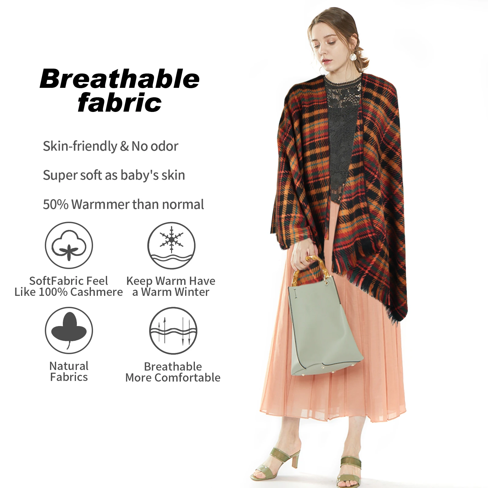 Women\'s Color Block Shawl Wrap Open Front Poncho Cape