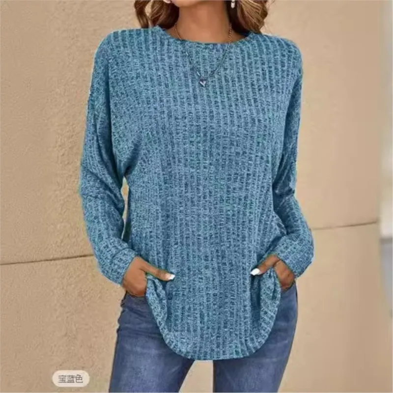 

Простой повседневный уличный топ, женский трикотаж, полосатая футболка большого размера, осенние однотонные футболки с длинными рукавами, женские домашние футболки для отдыха