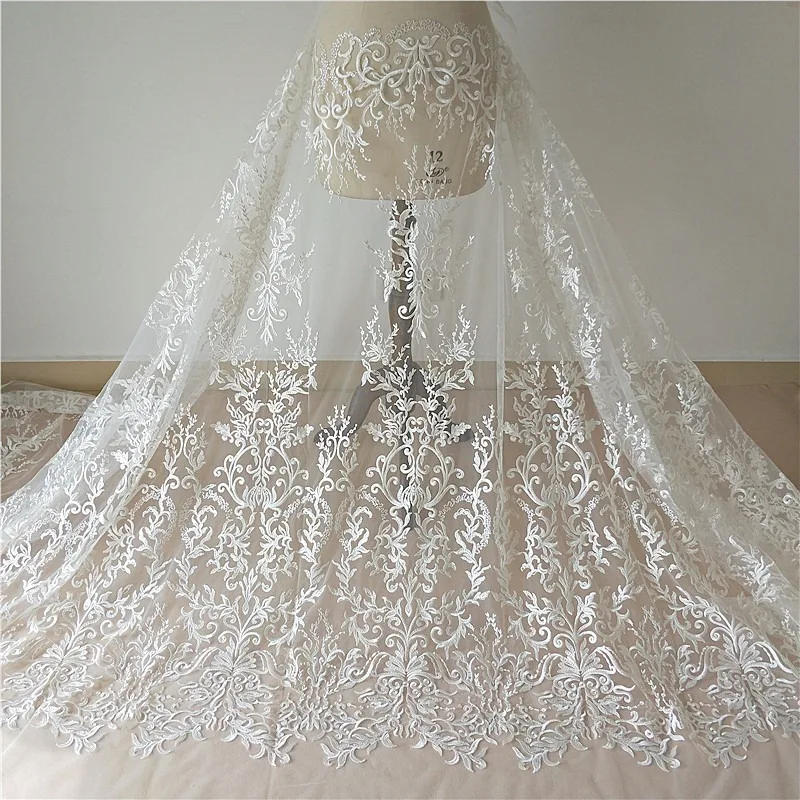 New Luxury European Fishtail Mesh Embroidered Fabric Material Handmade High-end Wedding Dress,  Clothing， Window, Door Curtain