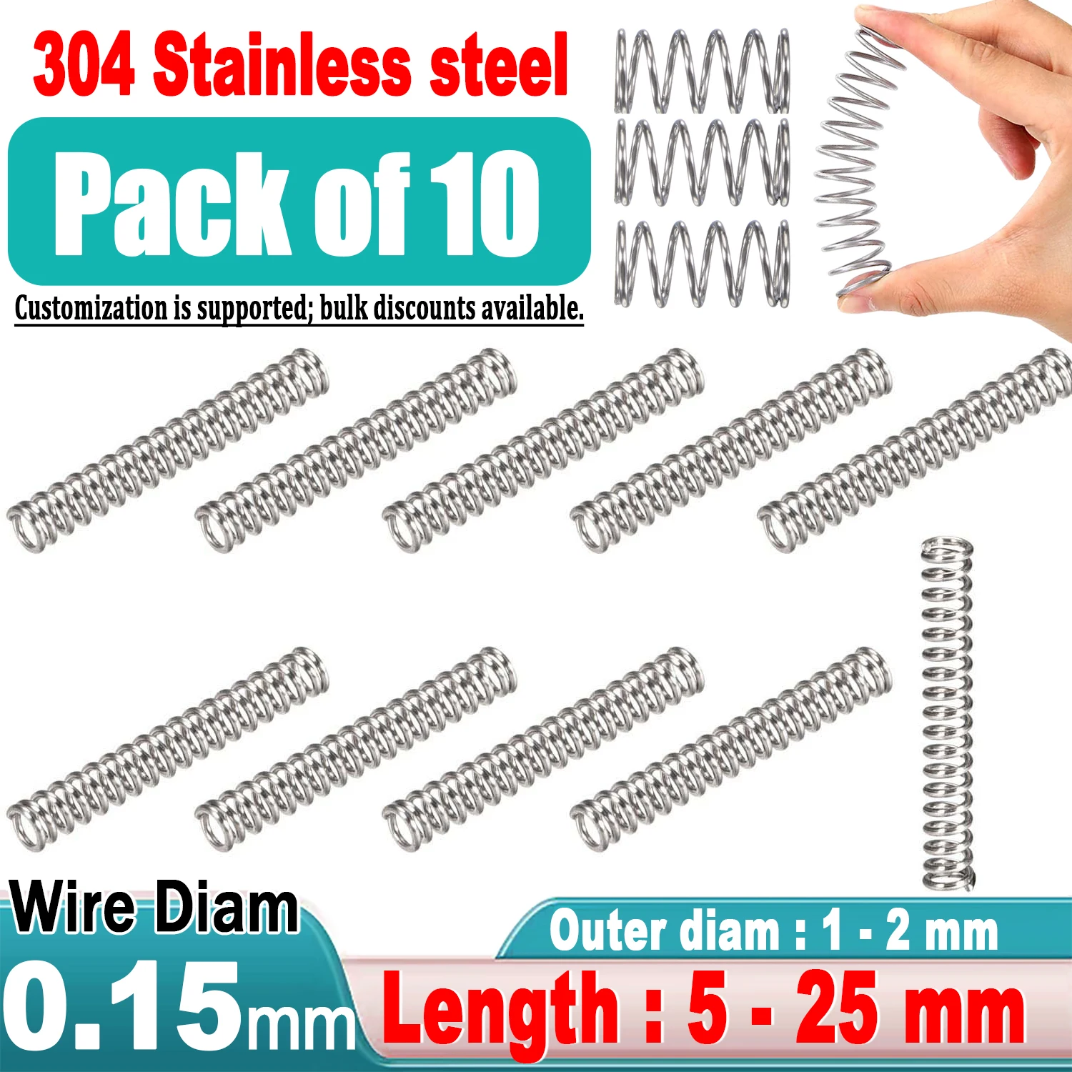 

10Pcs 0.15mm WireDia 304 Stainles Steel Compression Spring Pressure Small Spring OD: 1 / 1.5 / 2mm, L: 5-20mm Miniature springs
