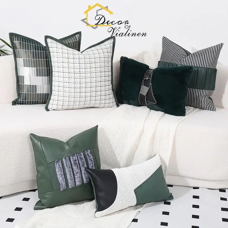 Chinese style retro green living room light luxury pillow cover, home geometric sofa, bedside chessboard grid splicing cushion c