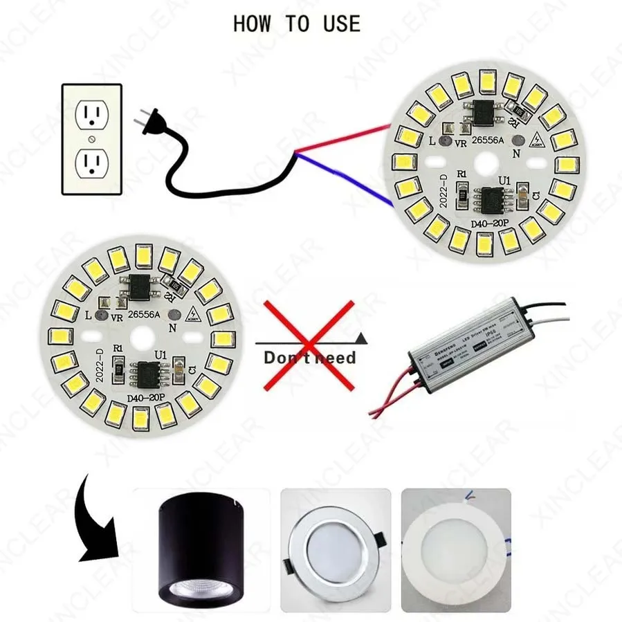 10 sztuk AC220V Panel świetlny LED 9W ciepły biały brak sterownika średnica 40mm 60mm płytka PCB + 2 piny SMD 2835 Chip dla DIY żarówka Downlight