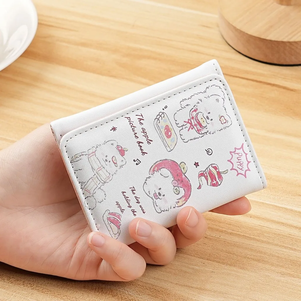 Tri-fold Girls Short Wallet Large Capacity Multi-Card-Slot Cartoon ID Card Bag Compact Lightweight Puppy Coin Purse Women