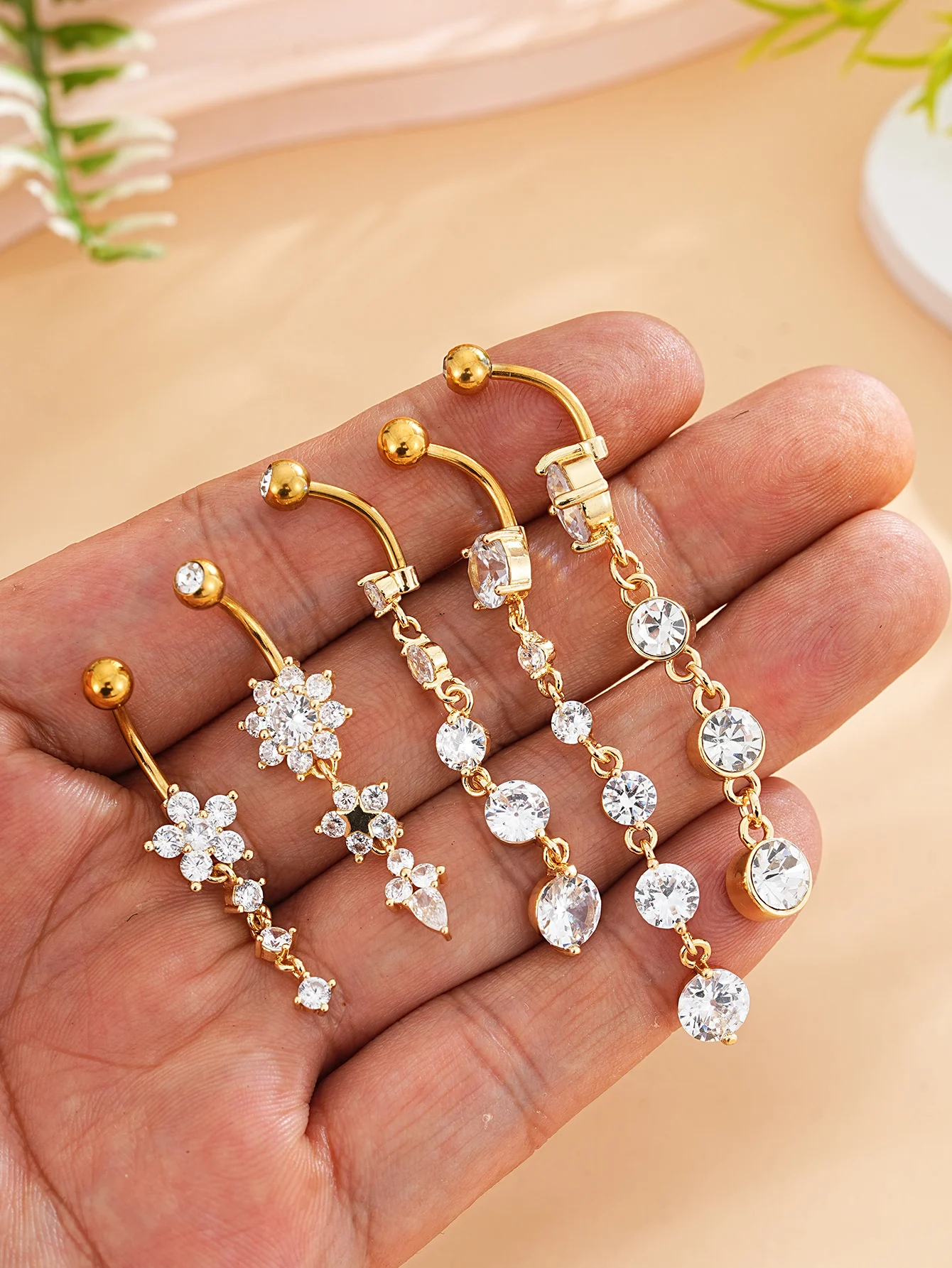 5 Stück/Set Lange baumelnde Bauchnabelringe mit funkelnden Kristallen CZs, Bauchnabelring aus Edelstahl, gebogenes Bauchpiercing Nombril Ombligo – Detail 6