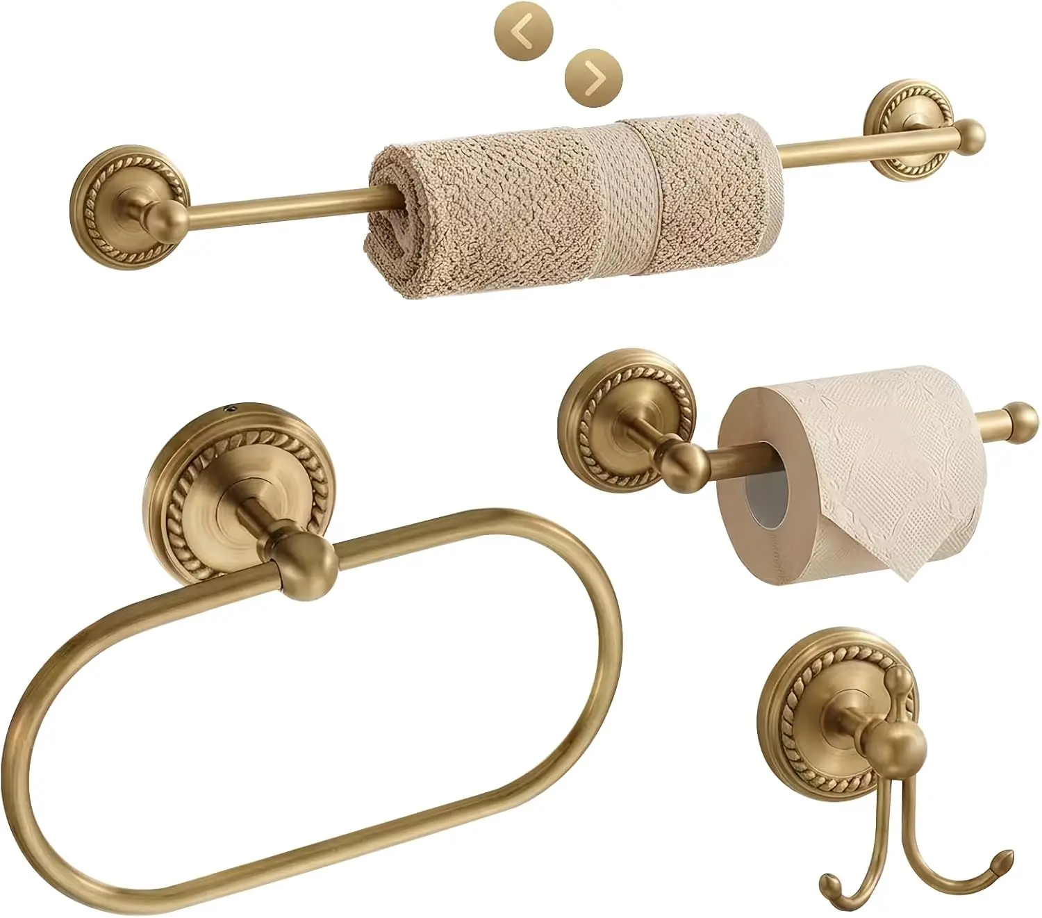 Antique Brass Bathroom Hardware Set 4 Pcs Gold Bathroom Accessories, Vintage Bath Towel Bar Toilet Paper Holder Towel Ring & Double Robe Hook Kit for Shower Room Wall Mounted