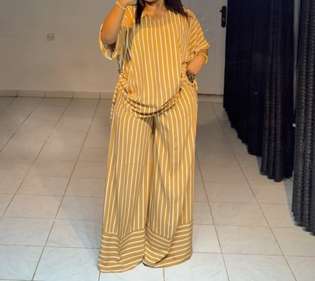 

New casual loose V-neck striped short sleeved top, wide leg pants set
