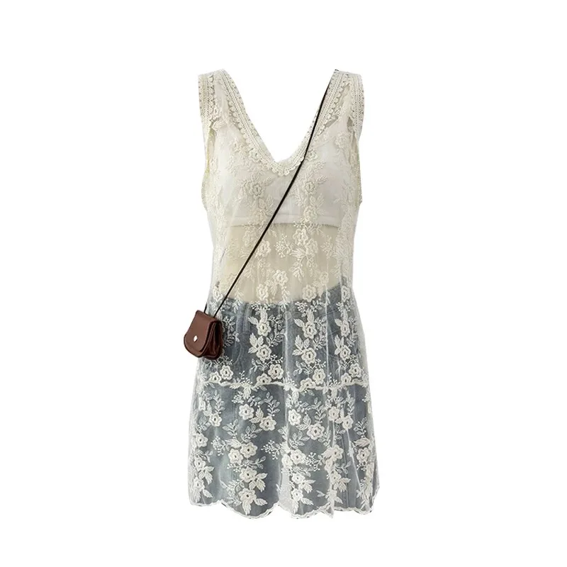 Slim Fitted Sheer V-neck Crochet Lace Sleeveless Tank Dress Women Summer Embroidery Mesh Cover Up Dress Transparent Beige Dress