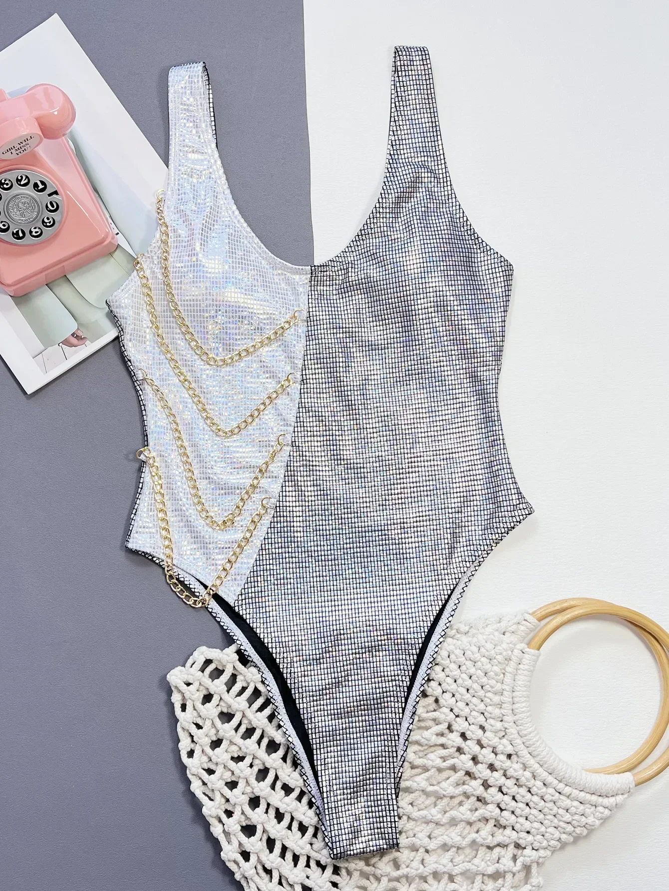

2024 Women's Chain Shiny One Piece Swimsuit,sexy Silvery Patchwork Bikini,suspender Backless Summer Beach Monokini Swimwear