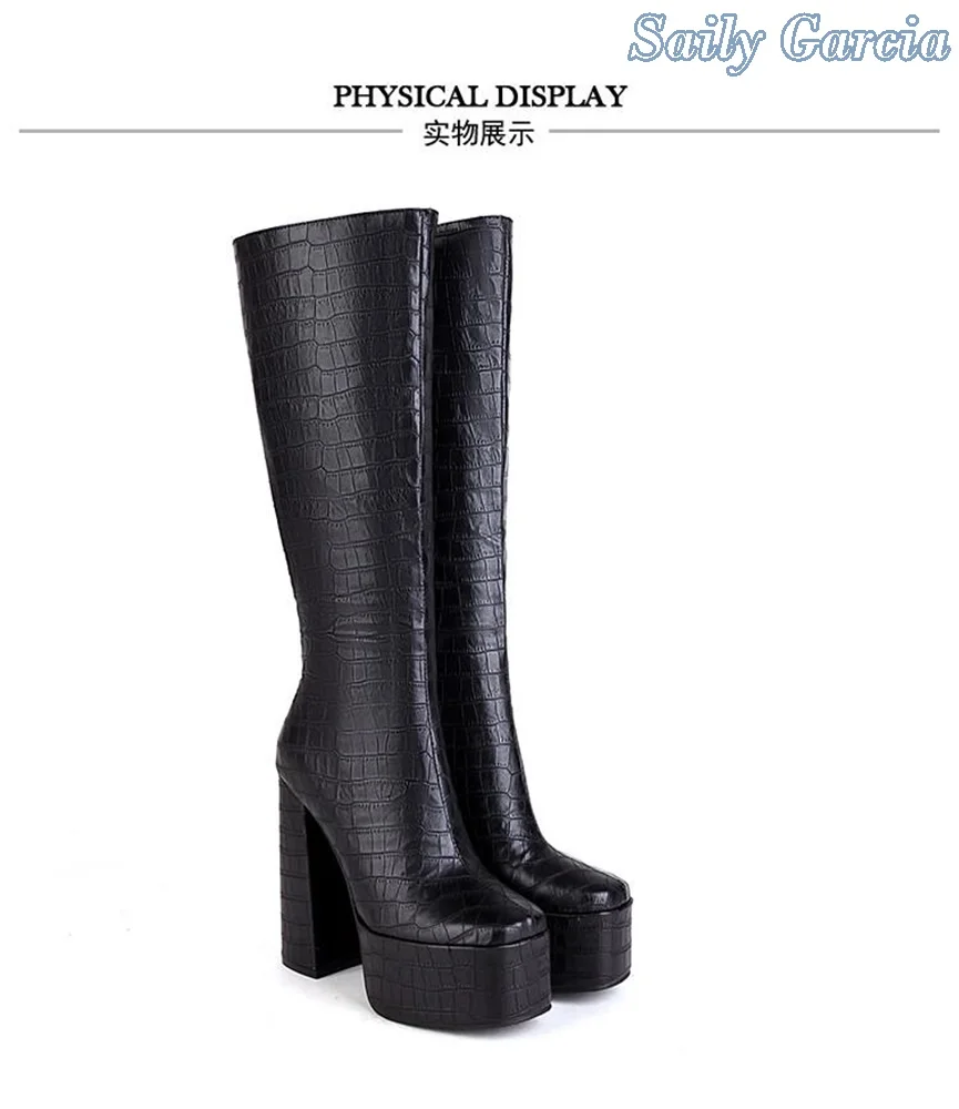 Black Stone Pattern Solid Concise Platfrom Chunky Heel Square Toe Zipper Elestic  Winter Knee High Fashion Famale Shoes