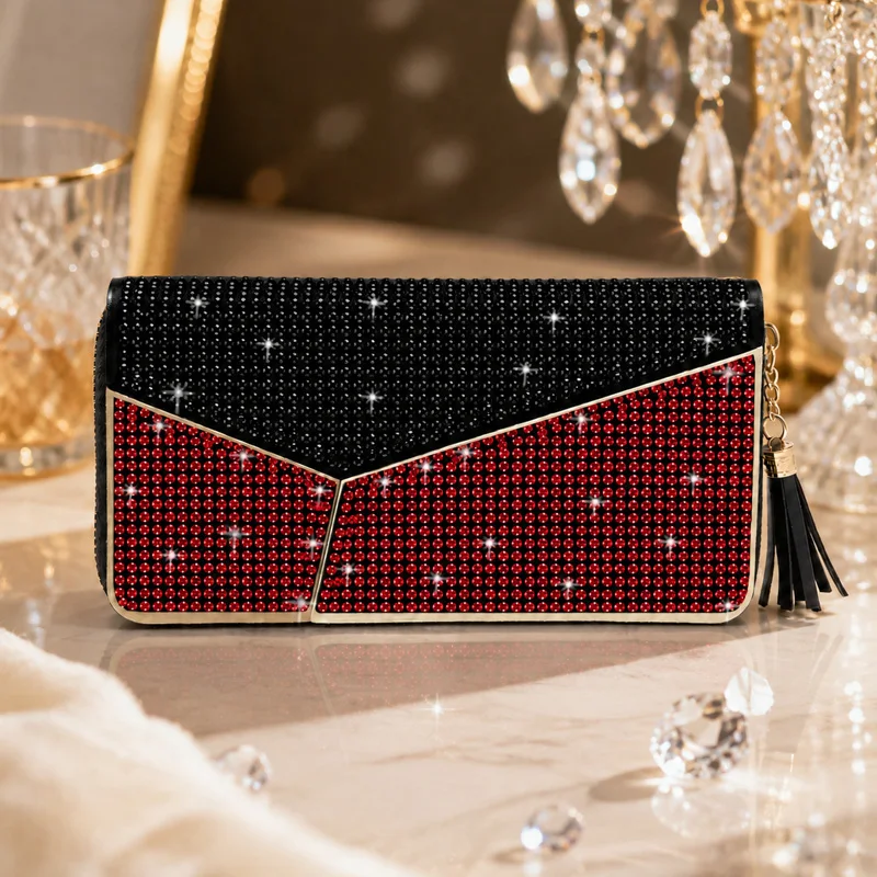 Rhinestone Long Women Wallet Tassel Clutch Purse Multi‑Card Slot Fashion Sparkly Ladies Money Bag For Daily Party Use