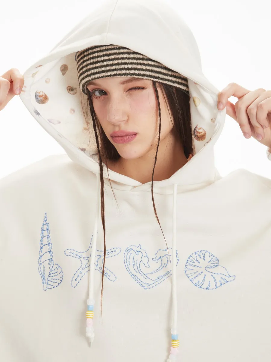 

Kawaii LOVE дизайн вышивки бусины толстовки для женщин и девочек негабаритная повседневная зимняя одежда с капюшоном уличная одежда тенденции