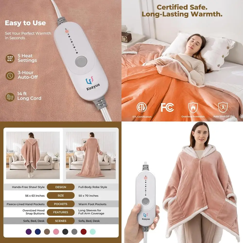 

Electric Heated Blanket with Hood & Pockets, 5 Temps, Auto-Off, Washable, Certified, Unisex Pink Throw