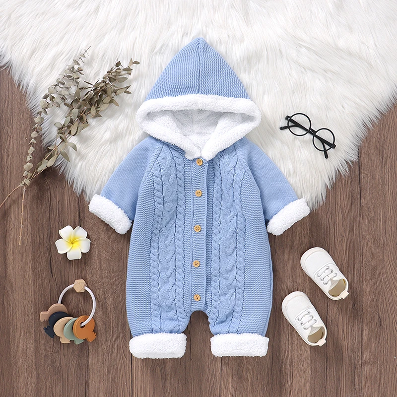 

Thick Warm Knitted Baby Rompers with Hood Full Sleeve Winter Newborn Boy Girl Fleece Jumpsuits Outfits One Piece Infant Overalls
