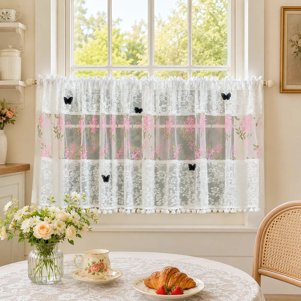 White Lace Cafe Curtain Pink Floral Embroidered Sheer Valance with Black Butterfly Applique Pom Pom Trim Kitchen Drapes