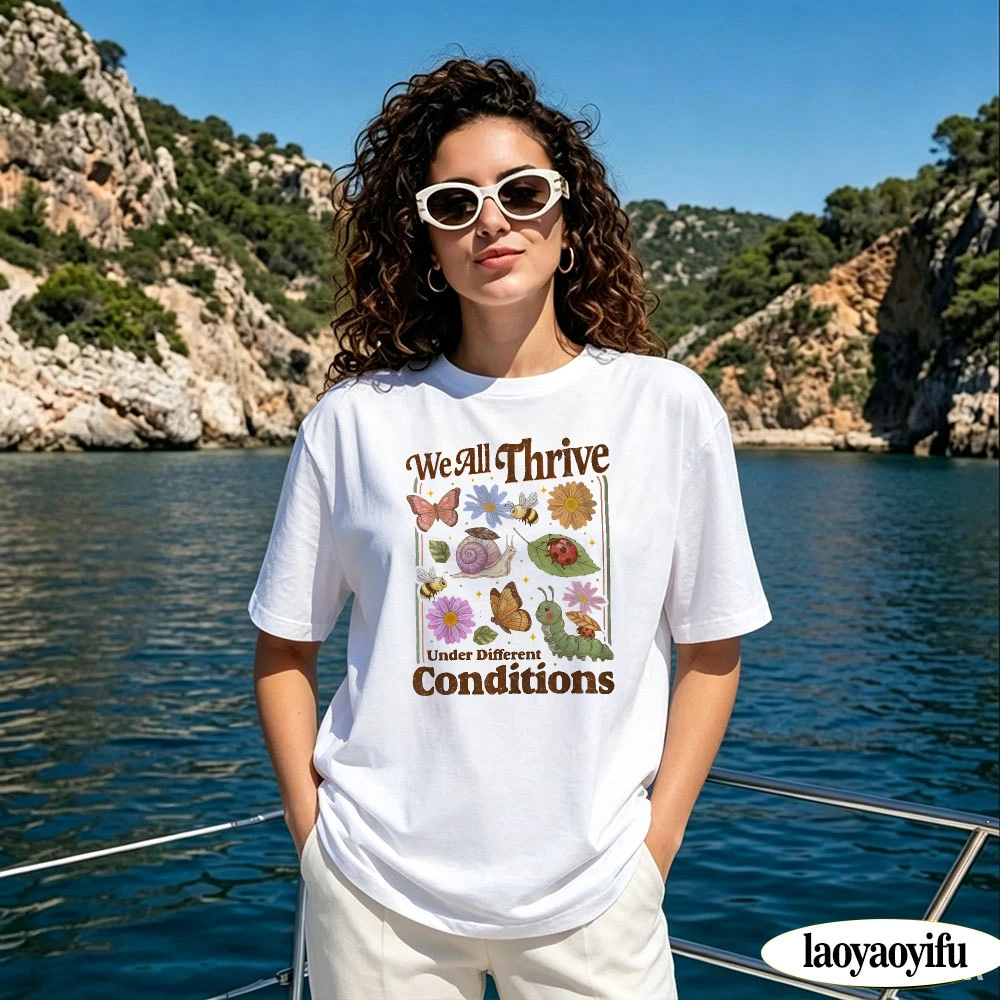 T-shirt à manches courtes pour femmes, imprimé floral et insectes, Vintage, We All Thrive Under Different Conditions, T-shirt graphique, pour l'été