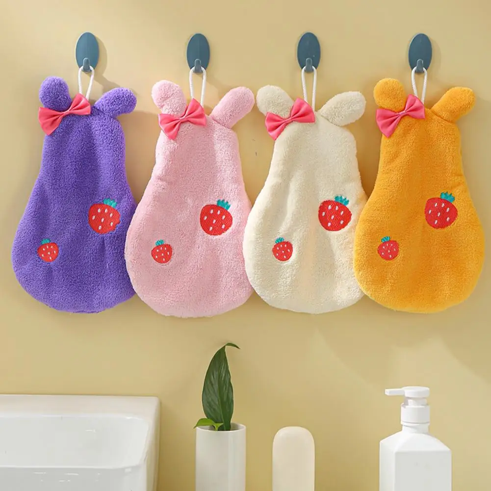 Hand Towel Super Absorbent Extra Soft with Lanyard Coral Fleece Double Layer Strawberry Print Hand Wipe Towel Bathroom