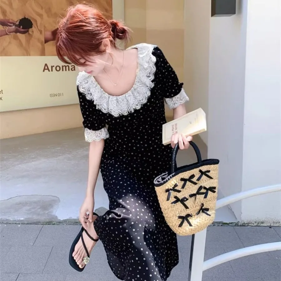 

【New style】2026 summer new medium-length light luxury short-sleeved tea skirt, black French lotus leaf collar sweet flower A-sh