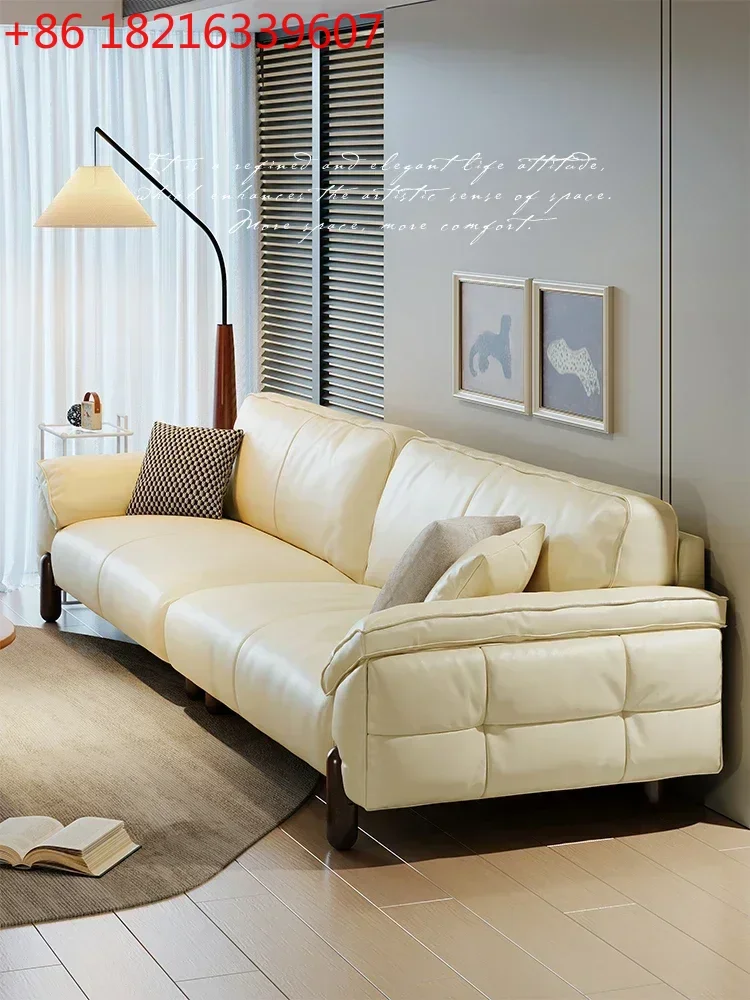 TAO First Layer Cowhide Home Straight Row Concubine Living Room Small Apartment Cream Style Sofa