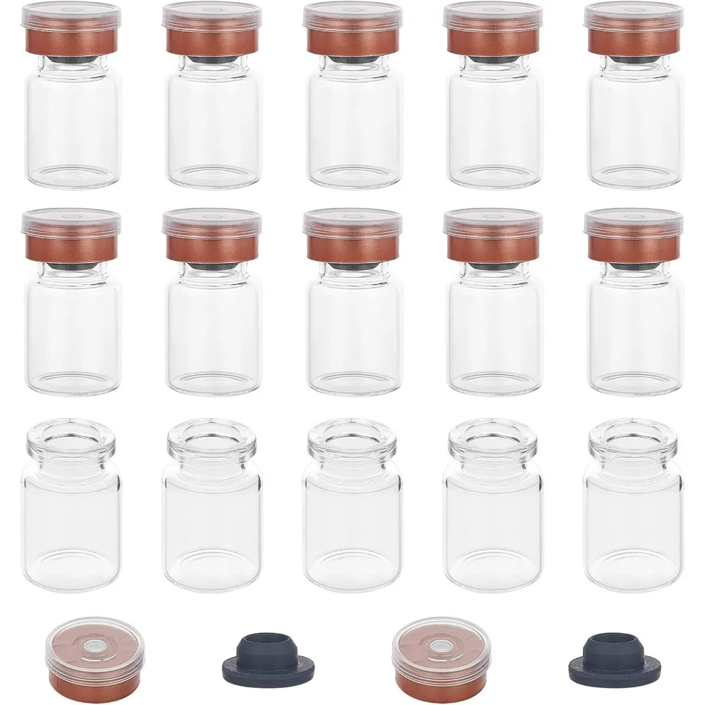 50 Pack 5ml Vials-Transparent Glass Headspace Vials 0.17oz with Aluminum Flip Off Caps and Rubber Stoppers, 20mm Flat Bottom