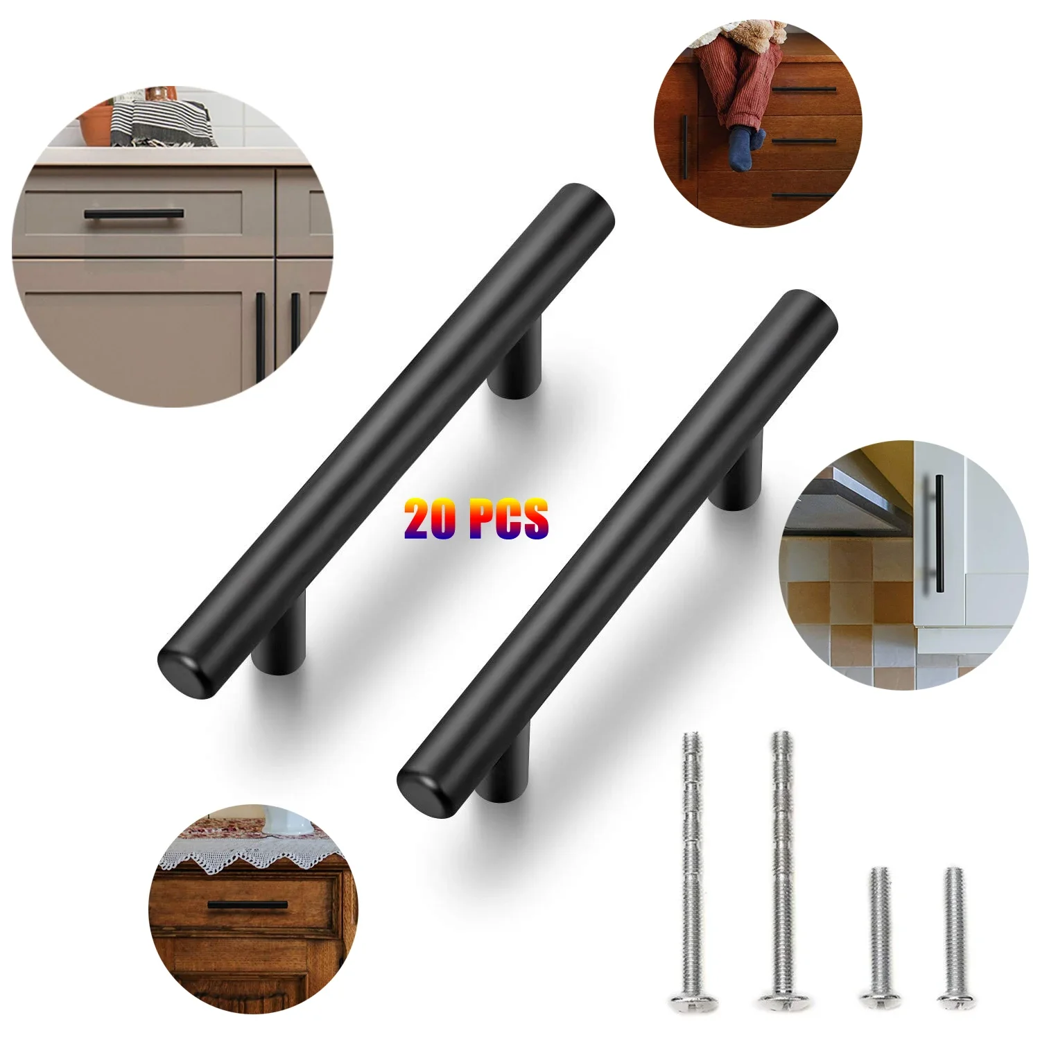 20 Pack Cabinet Pulls Matte Black Stainless Steel Kitchen Drawer Pulls Cabinet Handles 50/150/200/250mm Length 10mm Hole Center