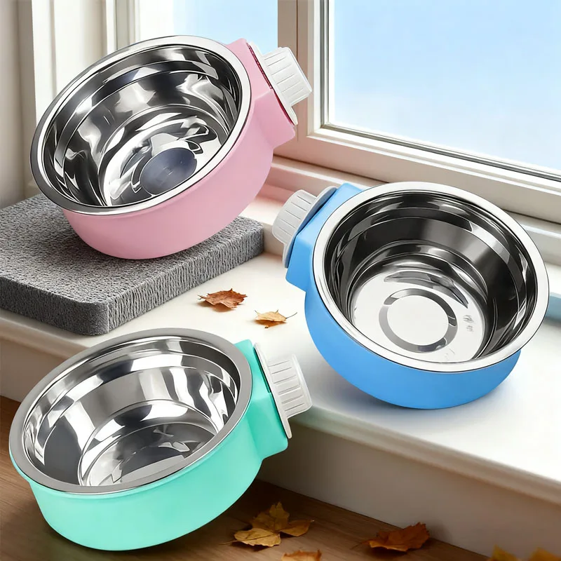 Cuenco para perro de acero inoxidable de color caramelo para mascotas, jaula colgante, cuenco de comida para Gato, cuenco colgante de acero inoxidable, cuenco para jaula para perro, cuenco doble